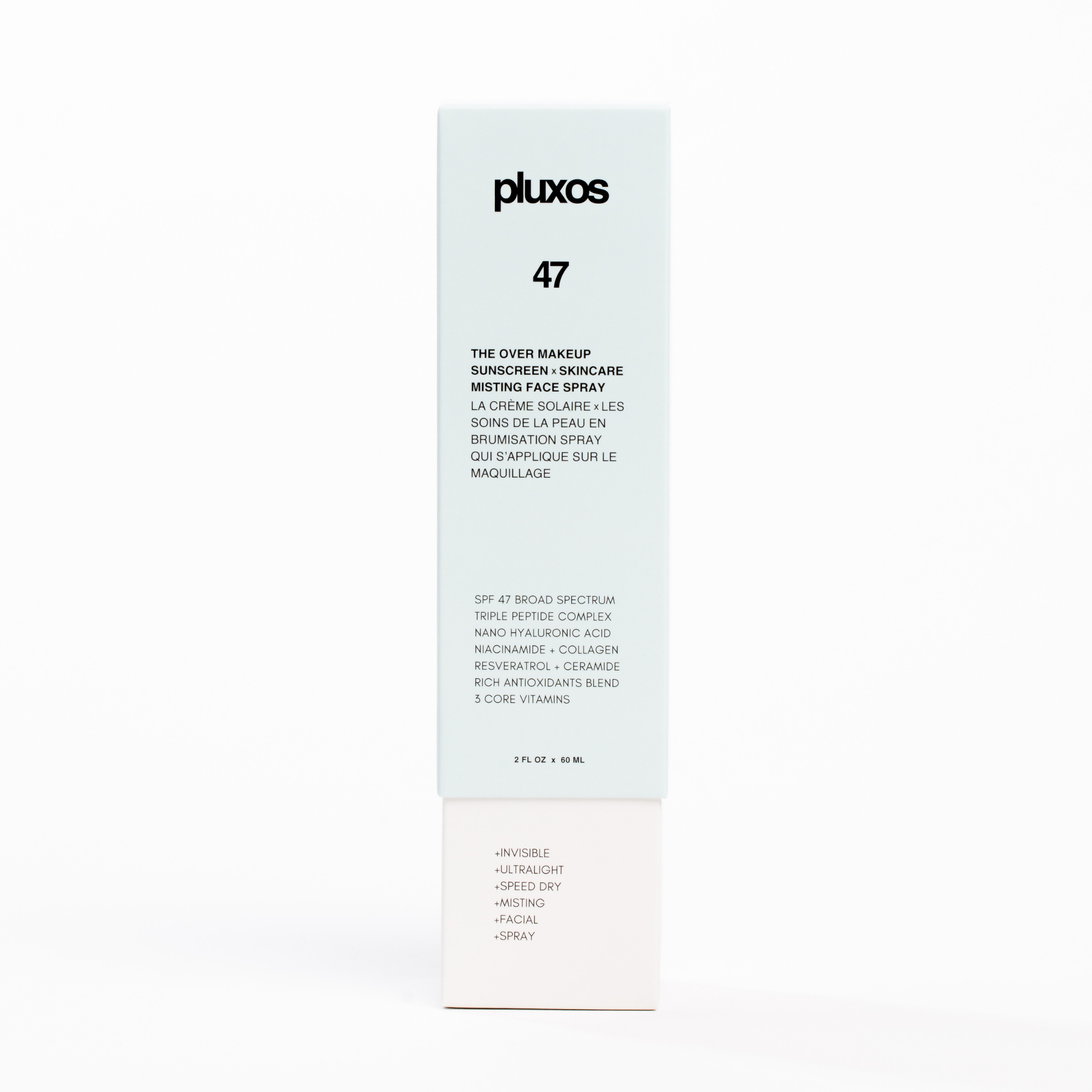 Pluxos Sun Veil SPF 47 face sunscreen mist spray with skincare ingredients
