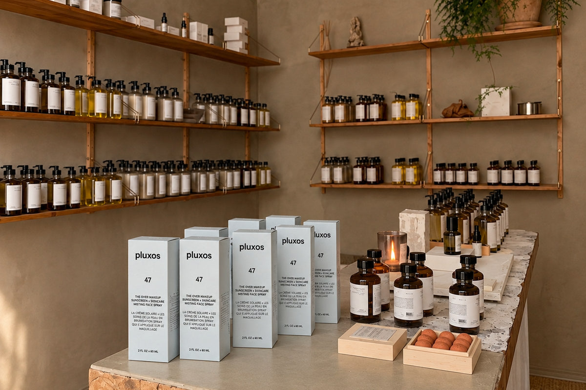Pluxos Sun Veil 47 boxes displayed on a table in a boutique