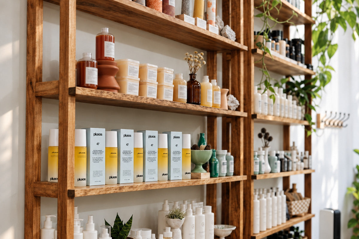 Pluxos SUN VEIL 47 sunscreen on open wood shelving