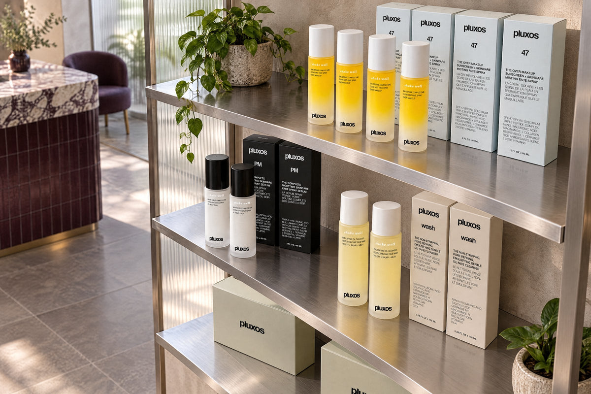 Pluxos Sun Veil 47, Nocturne, Dusk and Skin Code Set boxes on brushed steel shelves