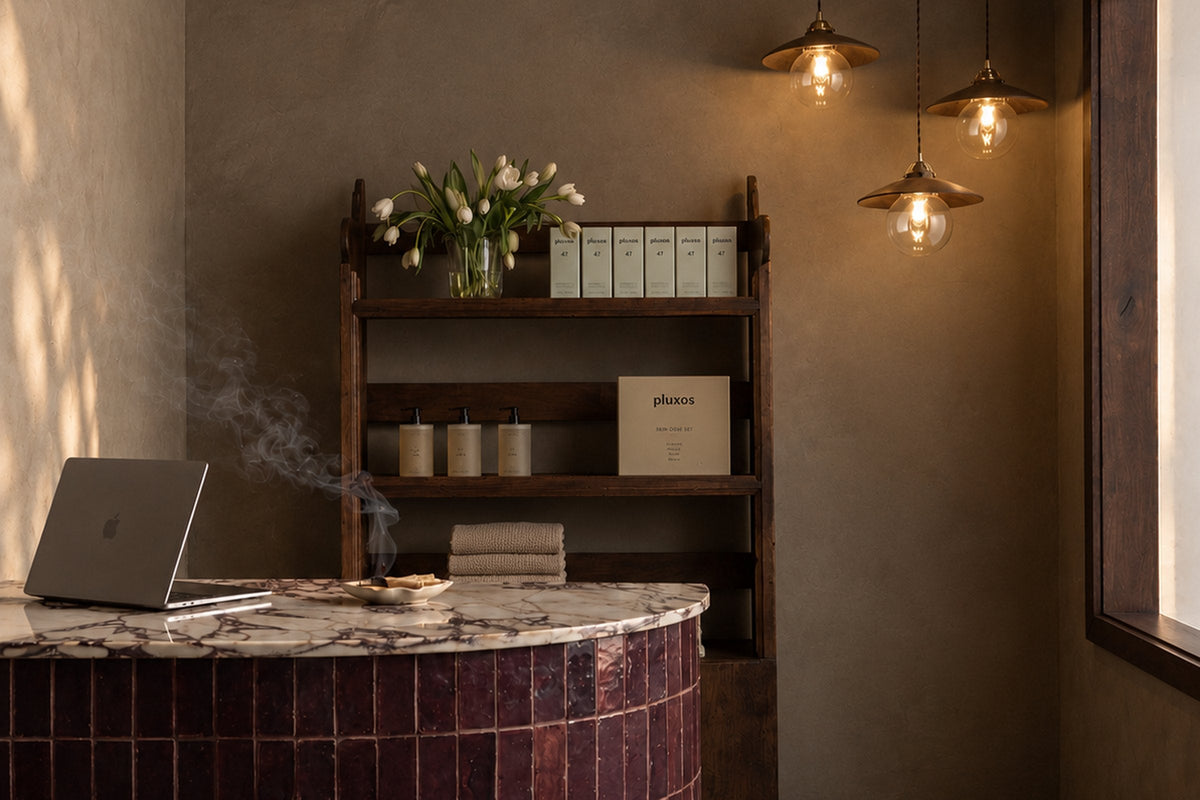 Pluxos Sun Veil 47 boxes and the Skin Code Set on a wooden shelf behind a spa reception desk